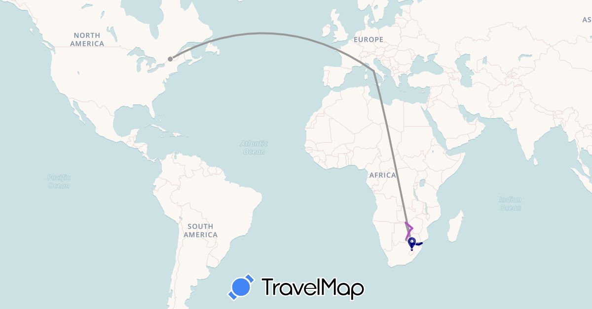 TravelMap itinerary: driving, plane, train, hiking in Botswana, Canada, Italy, Mozambique, Swaziland, South Africa, Zambia, Zimbabwe (Africa, Europe, North America)
